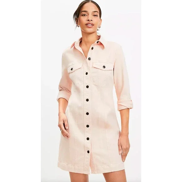 NEW ANN TAYLOR LOFT PINK SEAMED DENIM MINI POCKET DRESS SZ 8P 8 PETITE - Picture 1 of 6